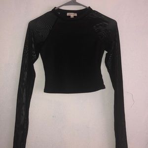 black long sleeve crop top-mesh sleeves